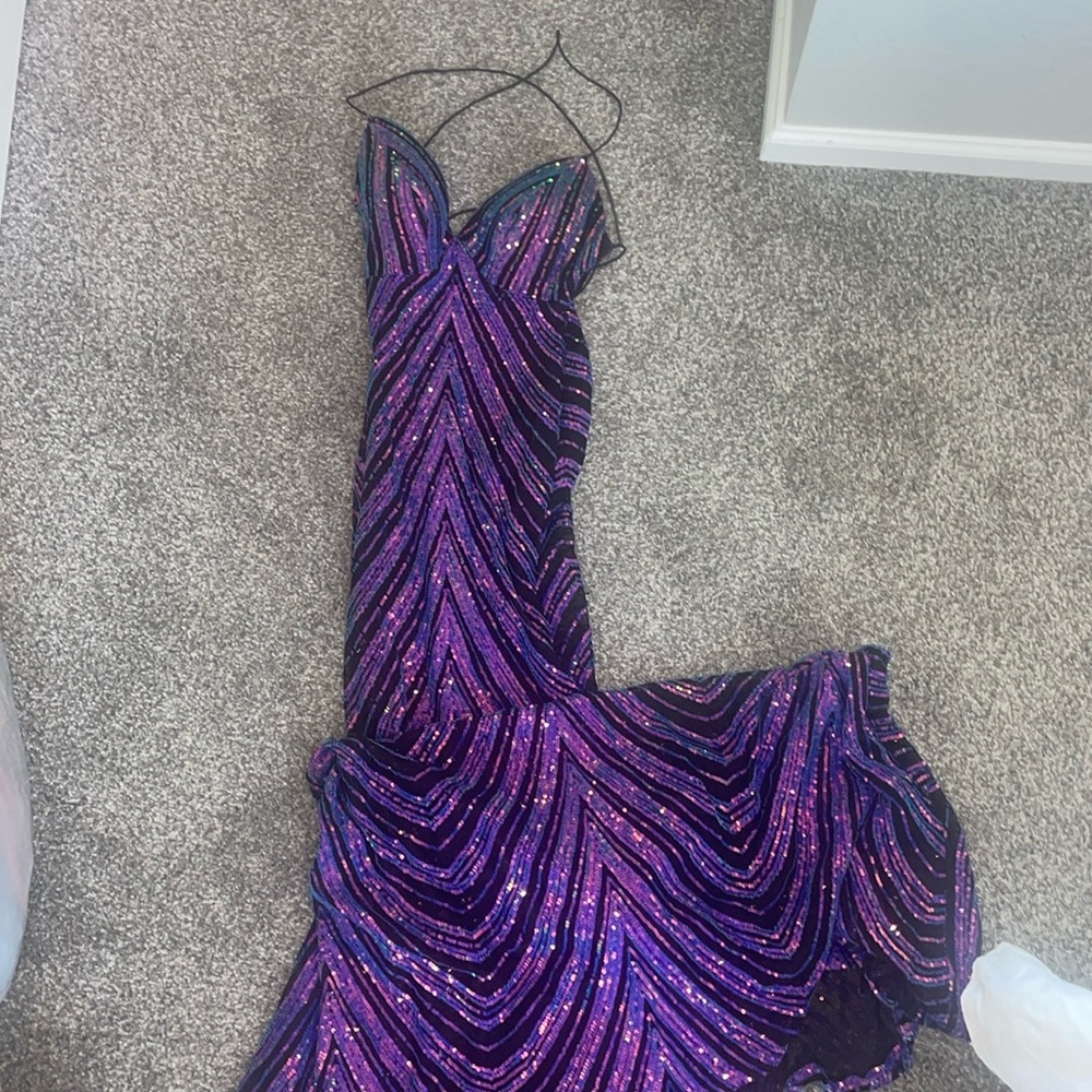 B. Darlin blue/pink/purple sequins prom dress with open back